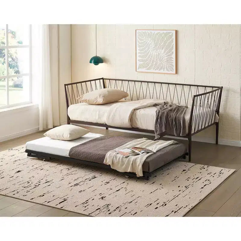 Cadre de lit de repos moderne en métal pour lits jumeaux avec support de matelas, lit de repos pour salon, chambre à coucher, chambre d'amis, bronze