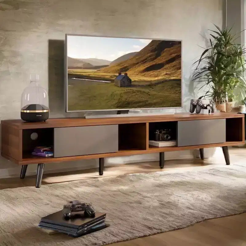 Meuble TV pour Téléviseur 80 Pouces, Meuble TV 70 Pouces avec Portes Coulissantes pour Salon, Noyer