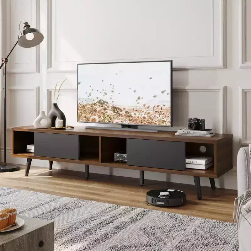 Meuble TV pour Téléviseur 80 Pouces, Meuble TV 70 Pouces avec Portes Coulissantes pour Salon, Noyer