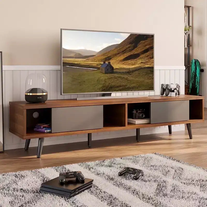 Meuble TV pour Téléviseur 80 Pouces, Meuble TV 70 Pouces avec Portes Coulissantes pour Salon, Noyer
