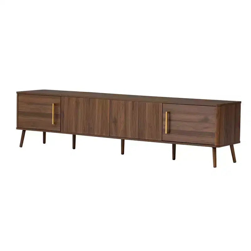 Meuble TV 78 pouces pour téléviseurs jusqu'à 85 pouces, Console TV cannelée Meuble TV Noyer Centre de divertissement multimédia avec porte à ouverture par poussée et fermeture amortie