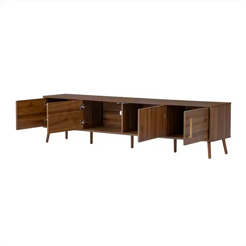 Meuble TV 78 pouces pour téléviseurs jusqu'à 85 pouces, Console TV cannelée Meuble TV Noyer Centre de divertissement multimédia avec porte à ouverture par poussée et fermeture amortie