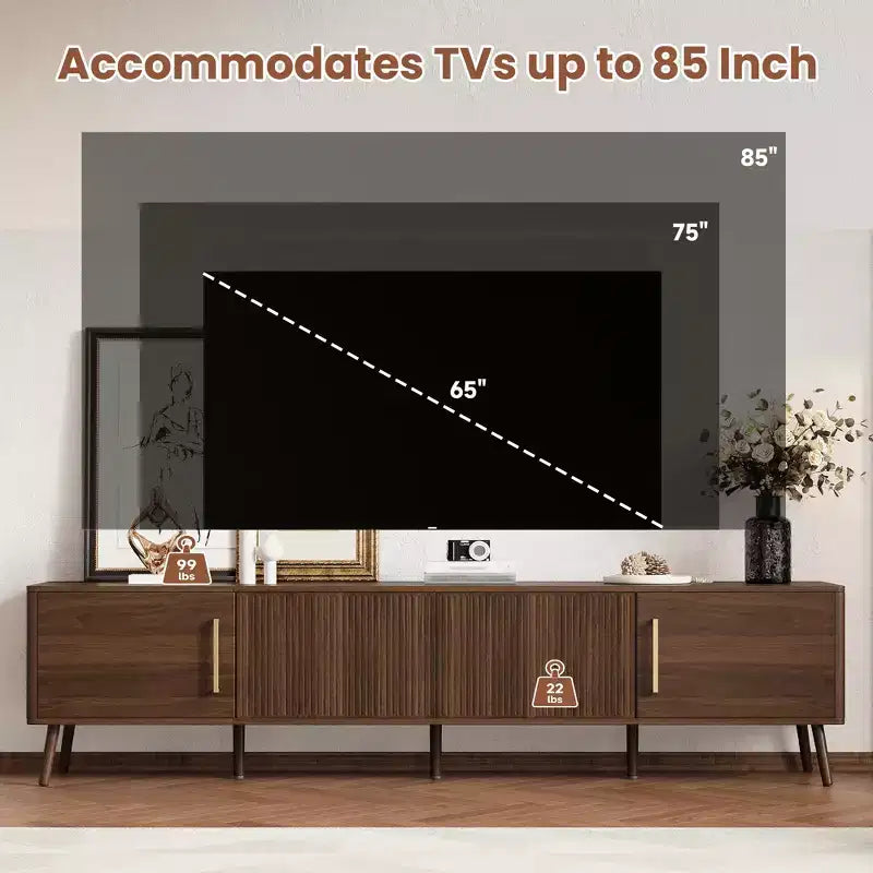 Meuble TV 78 pouces pour téléviseurs jusqu'à 85 pouces, Console TV cannelée Meuble TV Noyer Centre de divertissement multimédia avec porte à ouverture par poussée et fermeture amortie
