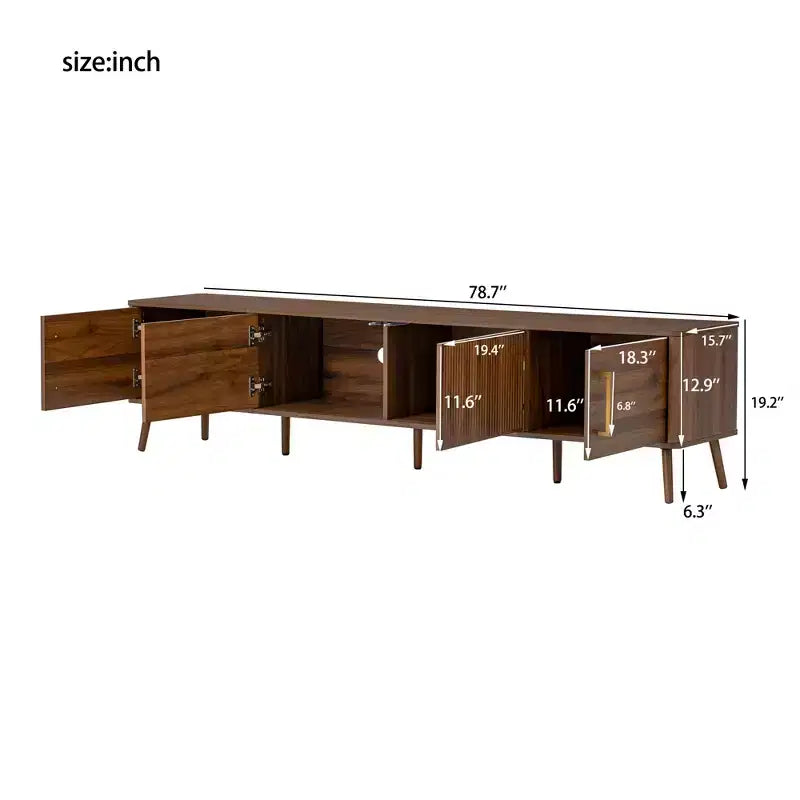Meuble TV 78 pouces pour téléviseurs jusqu'à 85 pouces, Console TV cannelée Meuble TV Noyer Centre de divertissement multimédia avec porte à ouverture par poussée et fermeture amortie