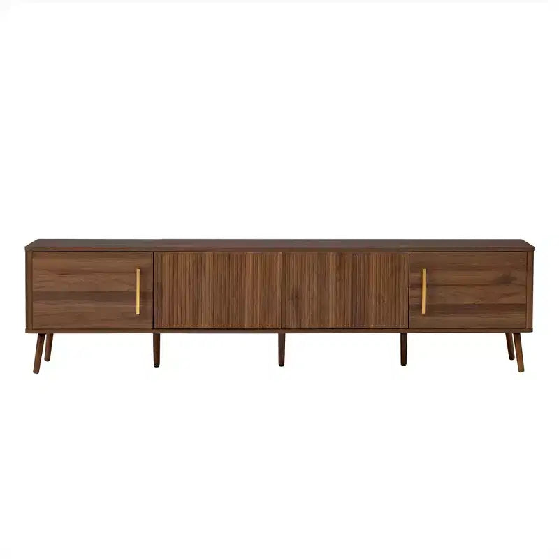 Meuble TV 78 pouces pour téléviseurs jusqu'à 85 pouces, Console TV cannelée Meuble TV Noyer Centre de divertissement multimédia avec porte à ouverture par poussée et fermeture amortie