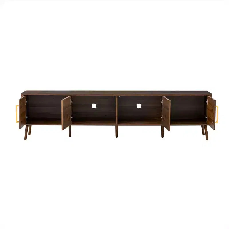 Meuble TV 78 pouces pour téléviseurs jusqu'à 85 pouces, Console TV cannelée Meuble TV Noyer Centre de divertissement multimédia avec porte à ouverture par poussée et fermeture amortie