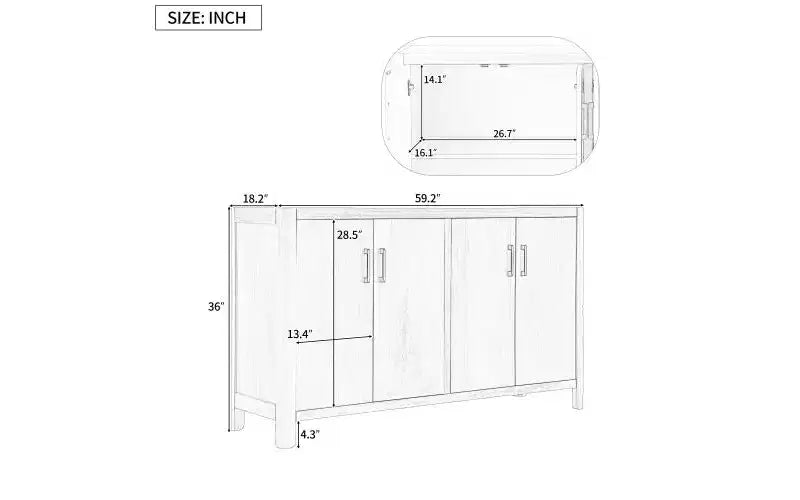 Vestiaires Armoire quatre portes de style campagnard de 59 pouces Fini placage de bois naturel Coins arrondis Espace de rangement inclus Charnières à fermeture douce Couleur naturelle