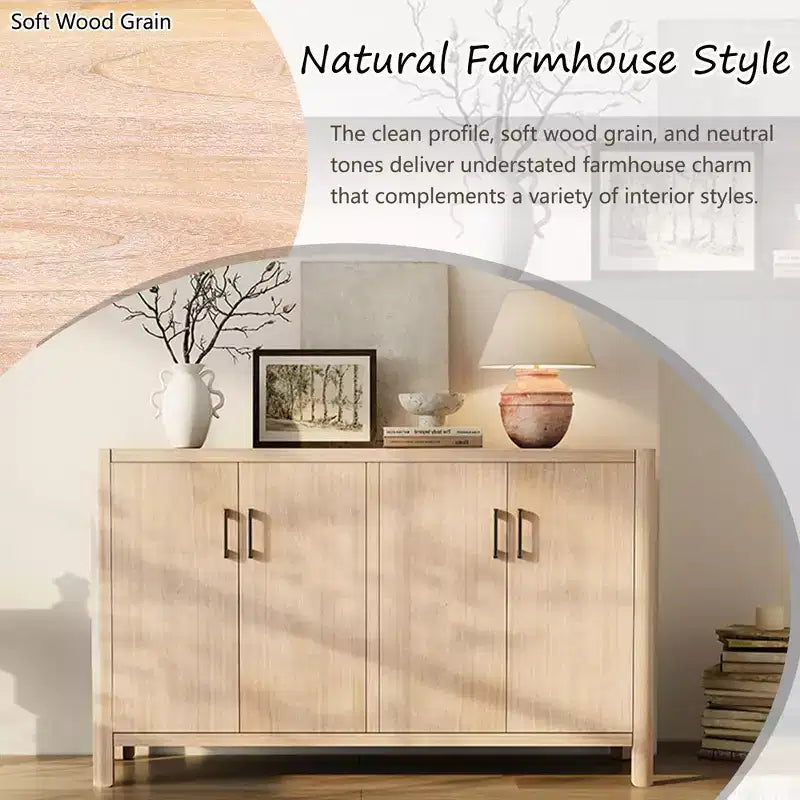 Vestiaires Armoire quatre portes de style campagnard de 59 pouces Fini placage de bois naturel Coins arrondis Espace de rangement inclus Charnières à fermeture douce Couleur naturelle