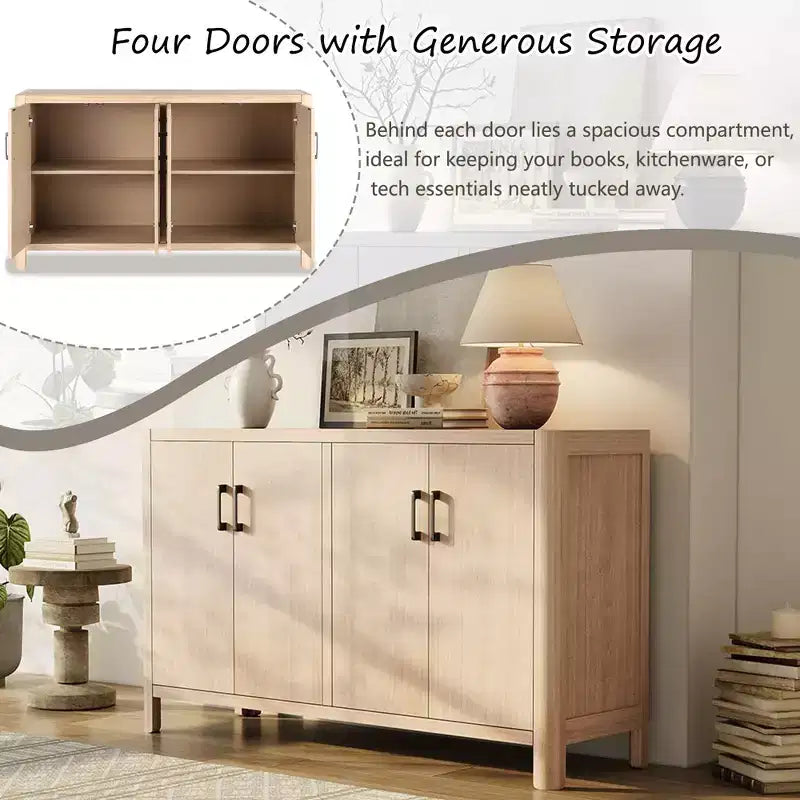 Vestiaires Armoire quatre portes de style campagnard de 59 pouces Fini placage de bois naturel Coins arrondis Espace de rangement inclus Charnières à fermeture douce Couleur naturelle