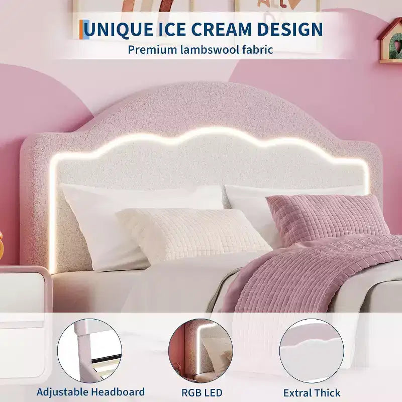 Cadre de Lit Double/Grand Lit avec Tête de Lit Ajustable, Cadre de Lit Plateforme Rembourré en Polaire, Capacité de 750 LB, Pas Besoin de Sommier Tapissier