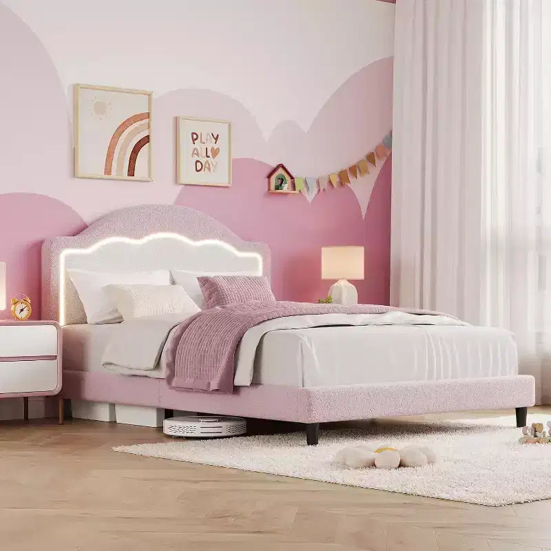 Cadre de Lit Double/Grand Lit avec Tête de Lit Ajustable, Cadre de Lit Plateforme Rembourré en Polaire, Capacité de 750 LB, Pas Besoin de Sommier Tapissier