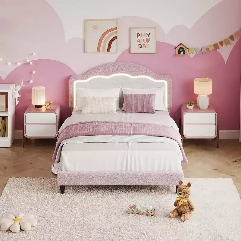Cadre de Lit Double/Grand Lit avec Tête de Lit Ajustable, Cadre de Lit Plateforme Rembourré en Polaire, Capacité de 750 LB, Pas Besoin de Sommier Tapissier