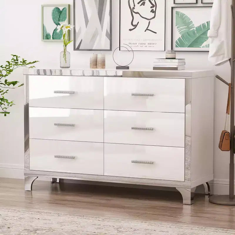 Commode haute brillance avec poignées métalliques Armoire de rangement miroir avec 6 tiroirs pour chambre à coucher Blanc