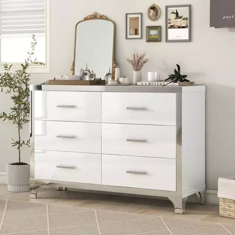 Commode haute brillance avec poignées métalliques Armoire de rangement miroir avec 6 tiroirs pour chambre à coucher Blanc