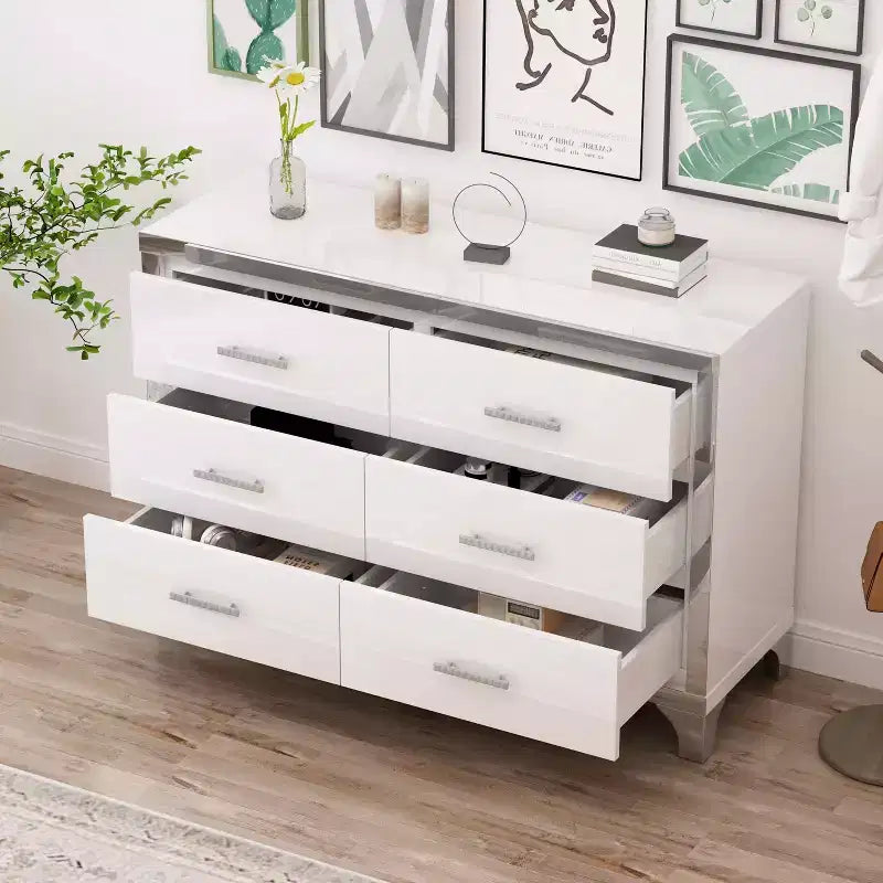 Commode haute brillance avec poignées métalliques Armoire de rangement miroir avec 6 tiroirs pour chambre à coucher Blanc