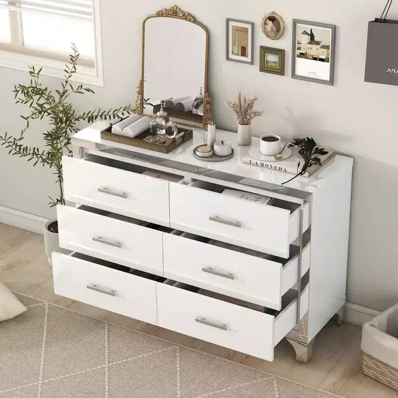 Commode haute brillance avec poignées métalliques Armoire de rangement miroir avec 6 tiroirs pour chambre à coucher Blanc