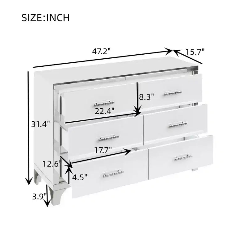 Commode haute brillance avec poignées métalliques Armoire de rangement miroir avec 6 tiroirs pour chambre à coucher Blanc