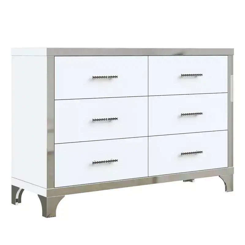 Commode haute brillance avec poignées métalliques Armoire de rangement miroir avec 6 tiroirs pour chambre à coucher Blanc