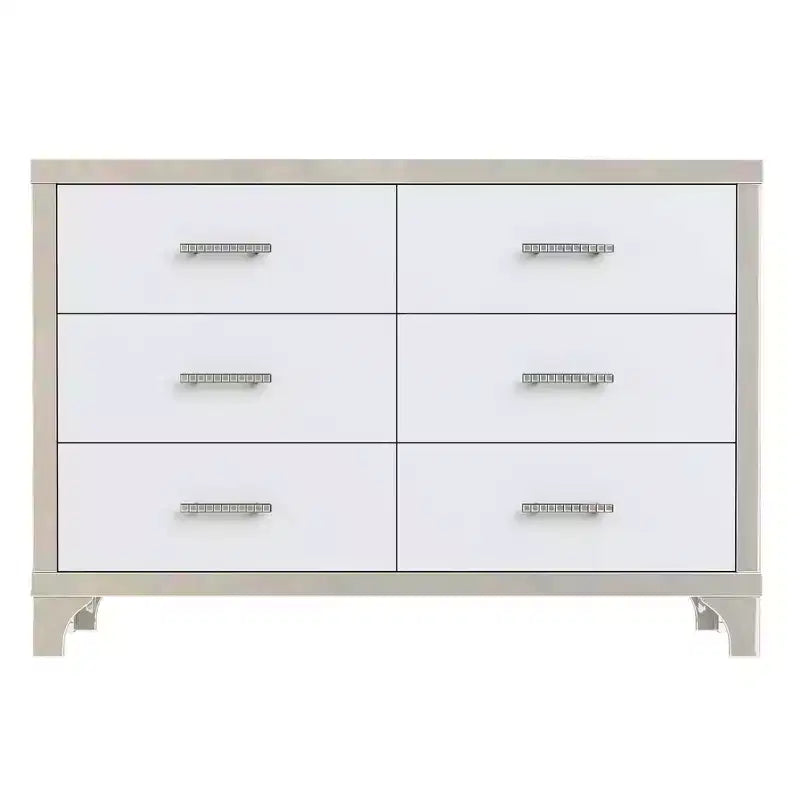 Commode haute brillance avec poignées métalliques Armoire de rangement miroir avec 6 tiroirs pour chambre à coucher Blanc