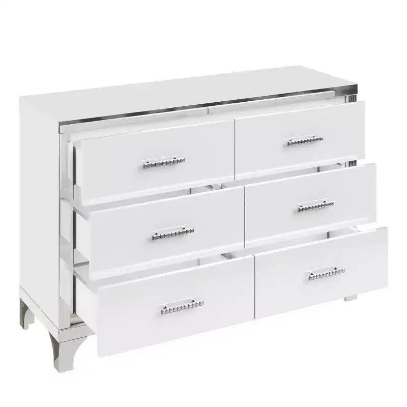 Commode haute brillance avec poignées métalliques Armoire de rangement miroir avec 6 tiroirs pour chambre à coucher Blanc
