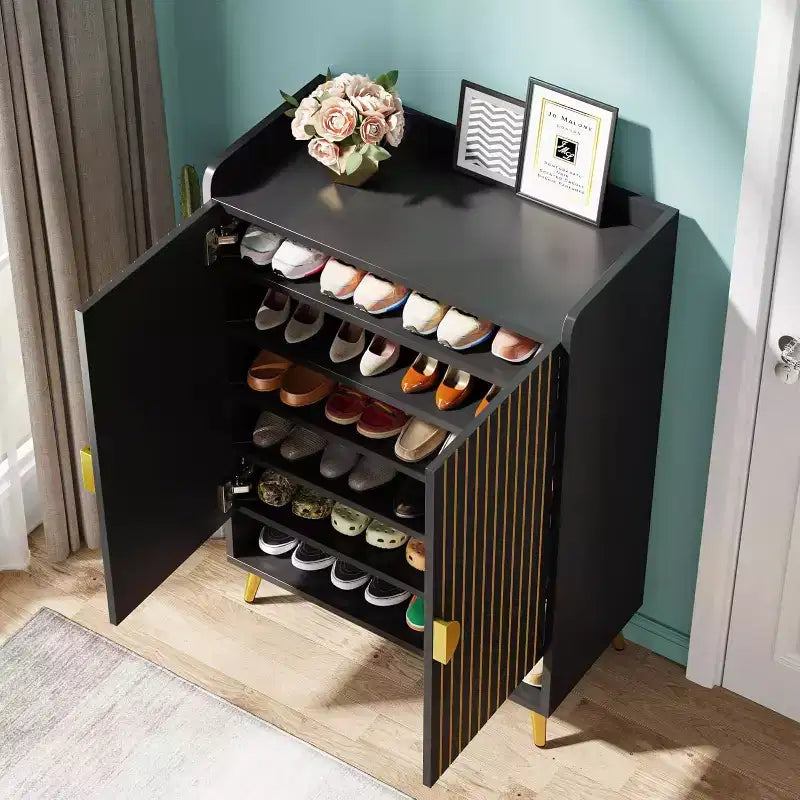 Meuble à chaussures 7 niveaux en bois noir avec portes et étagères réglables, idéal pour le rangement de chaussures dans l'entrée, le couloir, le placard ou le salon.