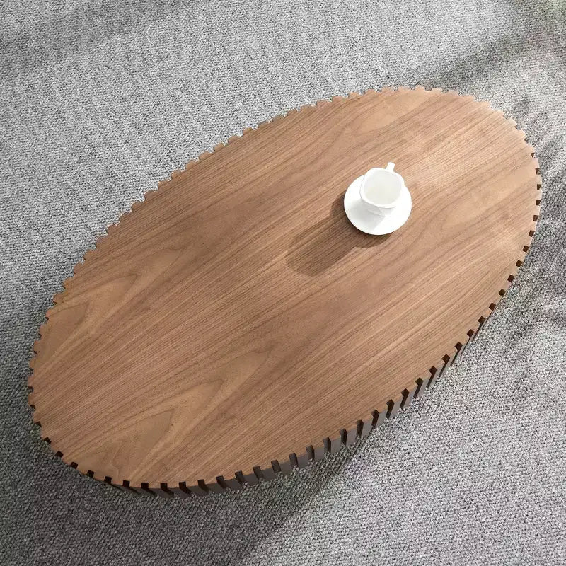 Table basse tambour artisanale moderne, longueur 111 cm, pour salon, petite table basse ovale avec piédestal robuste, noyer