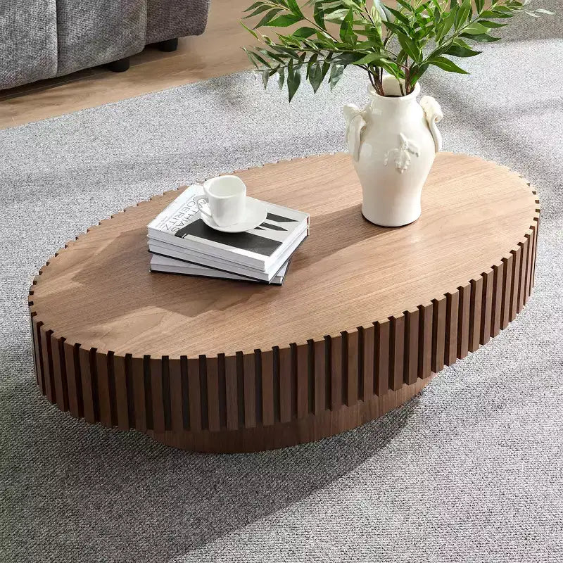 Table basse tambour artisanale moderne, longueur 111 cm, pour salon, petite table basse ovale avec piédestal robuste, noyer