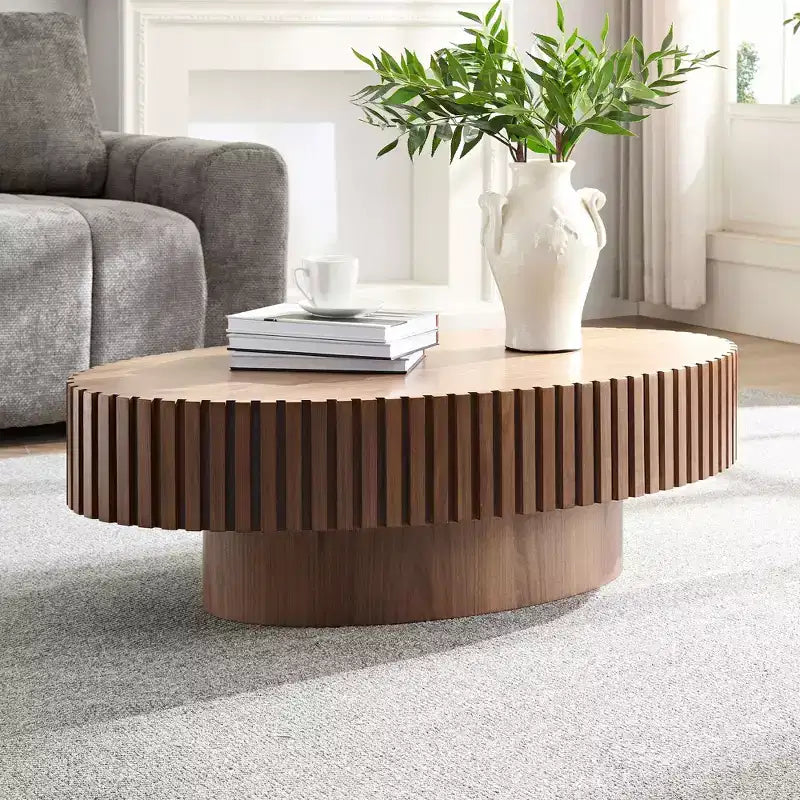 Table basse tambour artisanale moderne, longueur 111 cm, pour salon, petite table basse ovale avec piédestal robuste, noyer