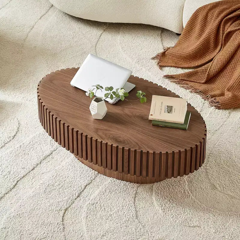 Table basse tambour artisanale moderne, longueur 111 cm, pour salon, petite table basse ovale avec piédestal robuste, noyer