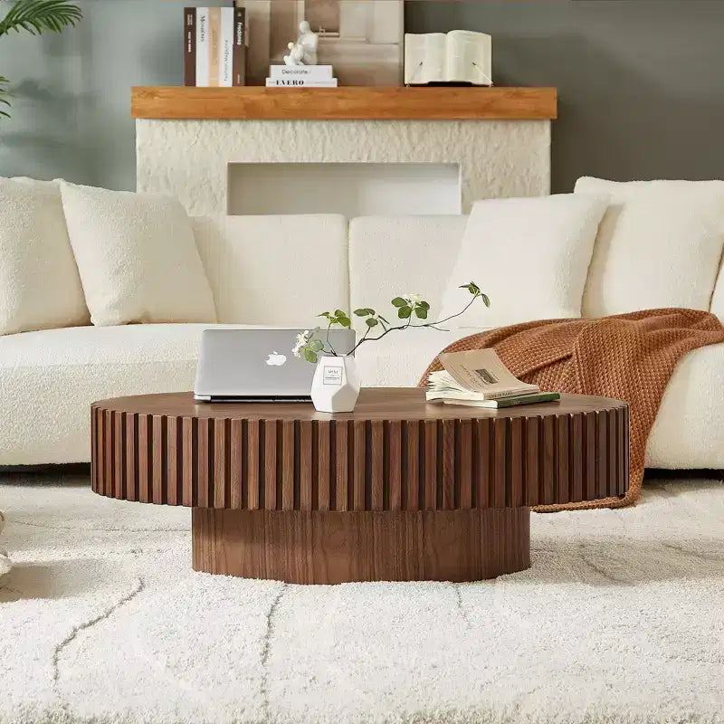 Table basse tambour artisanale moderne, longueur 111 cm, pour salon, petite table basse ovale avec piédestal robuste, noyer