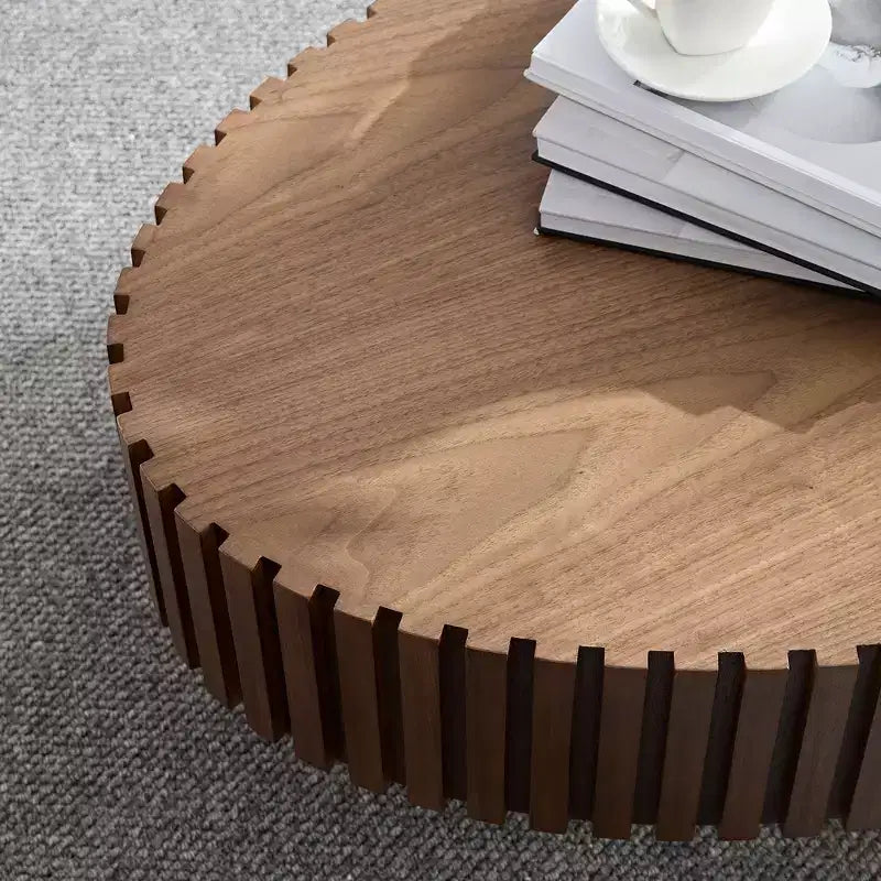 Table basse tambour artisanale moderne, longueur 111 cm, pour salon, petite table basse ovale avec piédestal robuste, noyer