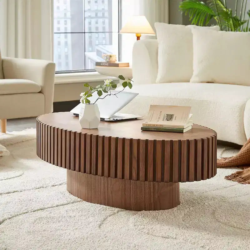 Table basse tambour artisanale moderne, longueur 111 cm, pour salon, petite table basse ovale avec piédestal robuste, noyer