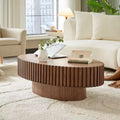Table basse tambour artisanale moderne, longueur 111 cm, pour salon, petite table basse ovale avec piédestal robuste, noyer