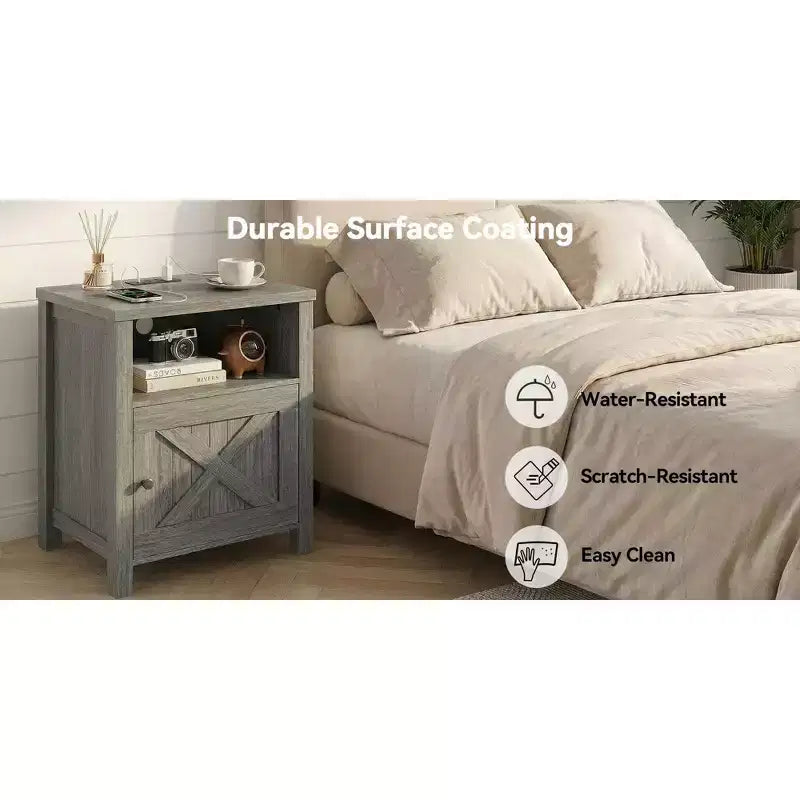 Table de chevet avec station de recharge, Table de chevet de style rustique avec étagère ouverte, Armoire fermée, Port USB et prise de courant, Table de chevet avec rangement