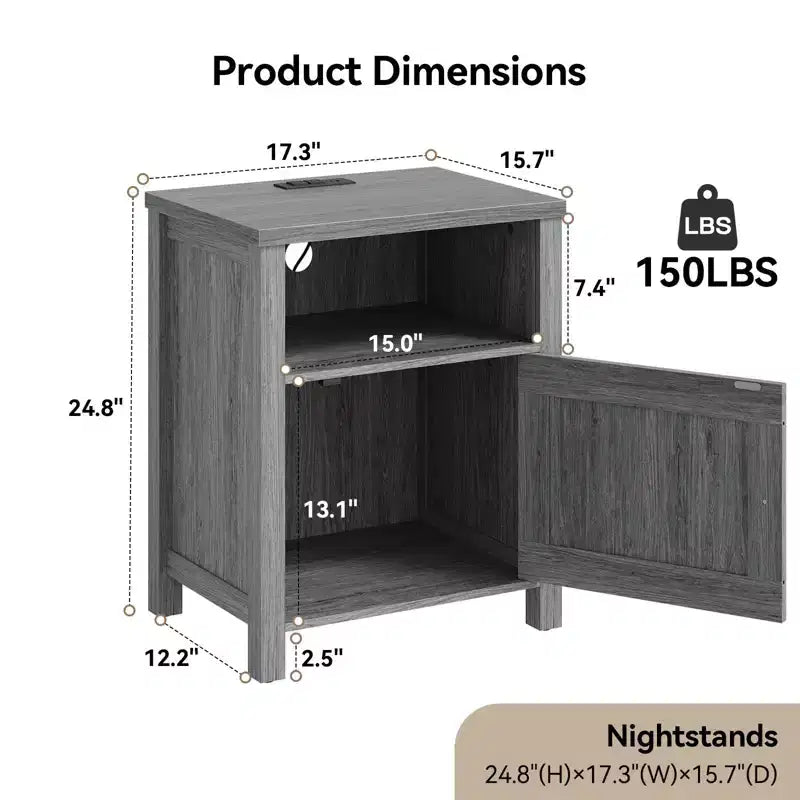 Table de chevet avec station de recharge, Table de chevet de style rustique avec étagère ouverte, Armoire fermée, Port USB et prise de courant, Table de chevet avec rangement