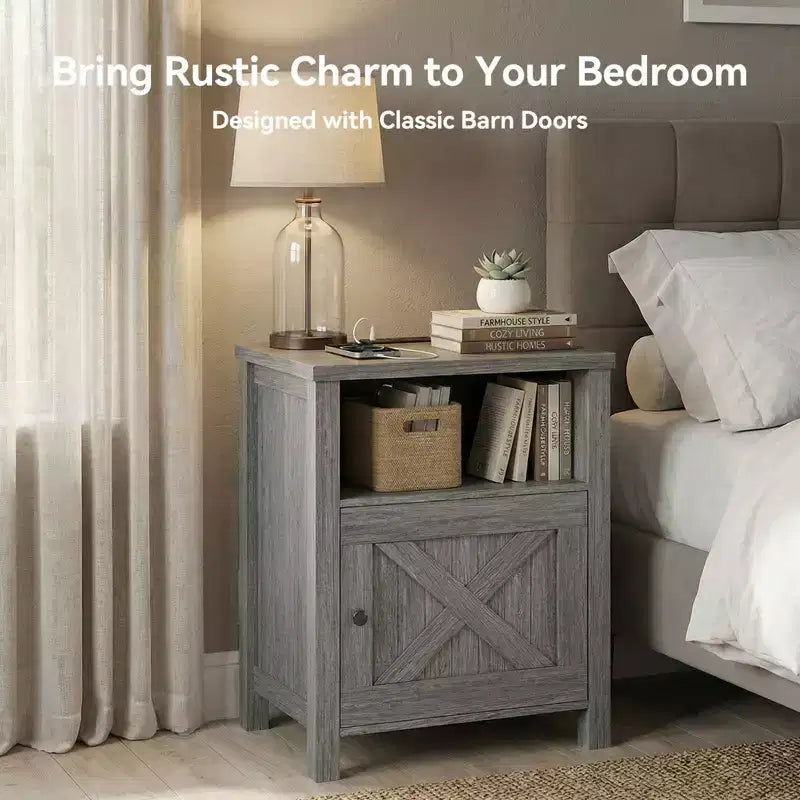 Table de chevet avec station de recharge, Table de chevet de style rustique avec étagère ouverte, Armoire fermée, Port USB et prise de courant, Table de chevet avec rangement