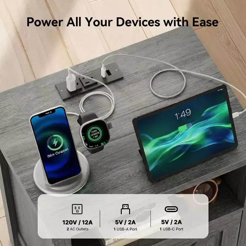 Table de chevet avec station de recharge, Table de chevet de style rustique avec étagère ouverte, Armoire fermée, Port USB et prise de courant, Table de chevet avec rangement