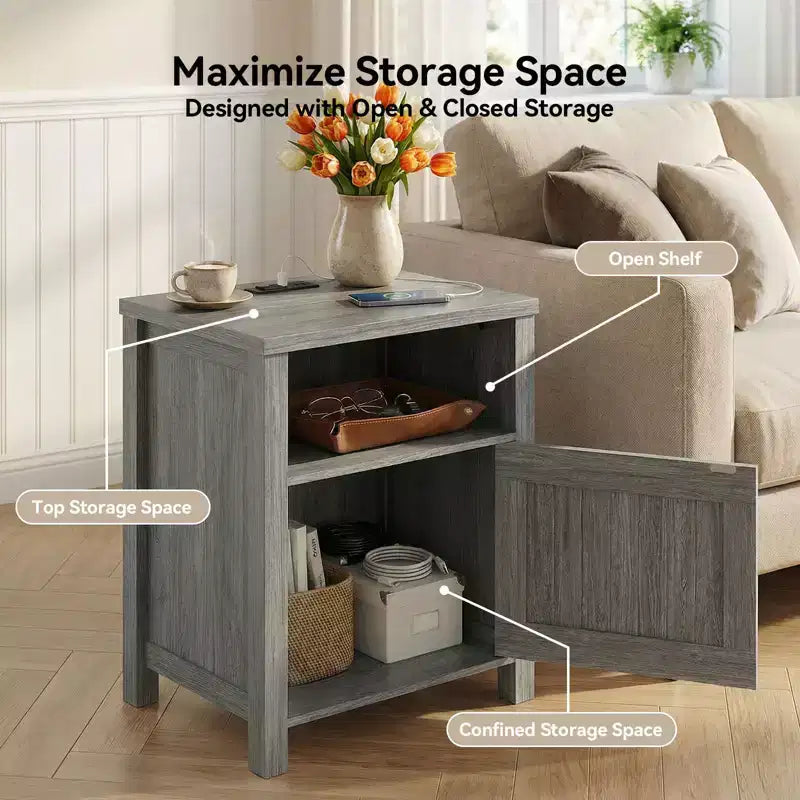 Table de chevet avec station de recharge, Table de chevet de style rustique avec étagère ouverte, Armoire fermée, Port USB et prise de courant, Table de chevet avec rangement