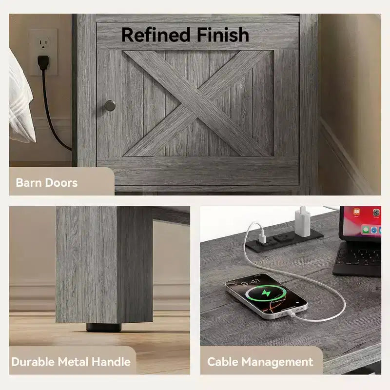 Table de chevet avec station de recharge, Table de chevet de style rustique avec étagère ouverte, Armoire fermée, Port USB et prise de courant, Table de chevet avec rangement