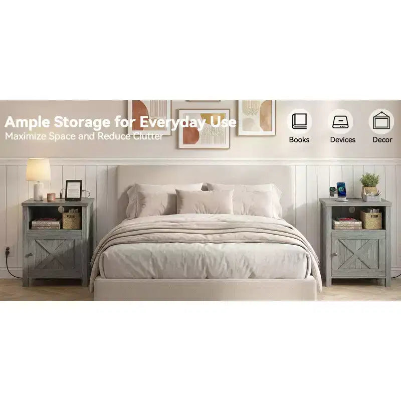 Table de chevet avec station de recharge, Table de chevet de style rustique avec étagère ouverte, Armoire fermée, Port USB et prise de courant, Table de chevet avec rangement