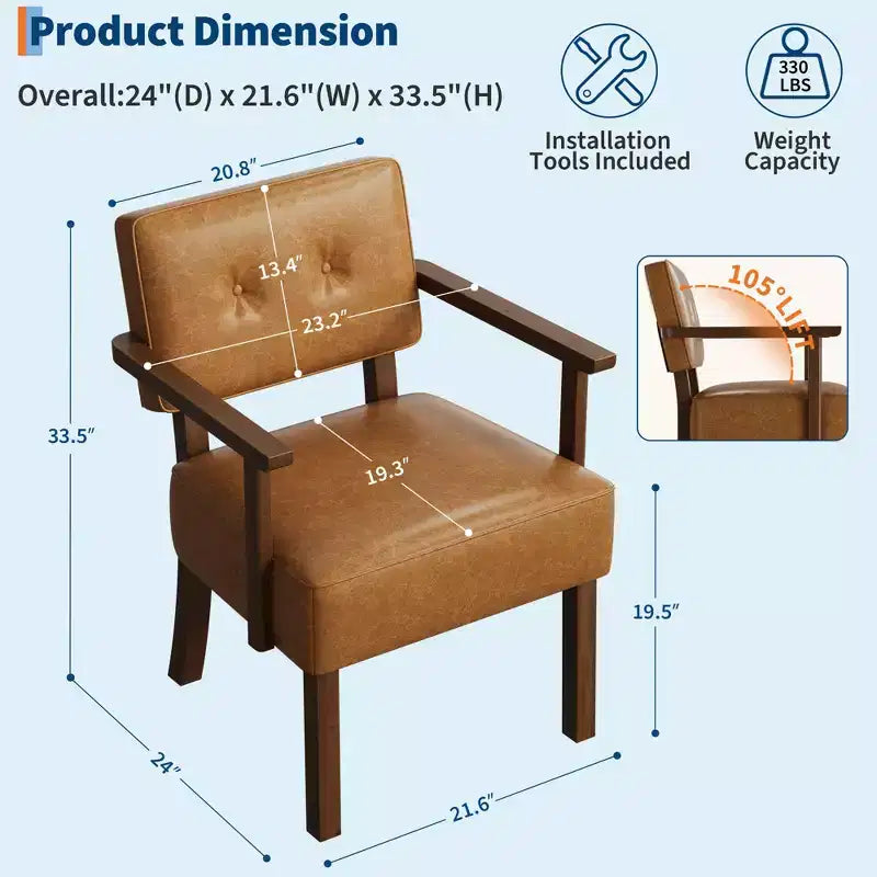 Fauteuil d'appoint en similicuir, fauteuil rembourré Mid-century avec cadre en bois, chaise de lecture et de détente pour salon, chambre à coucher