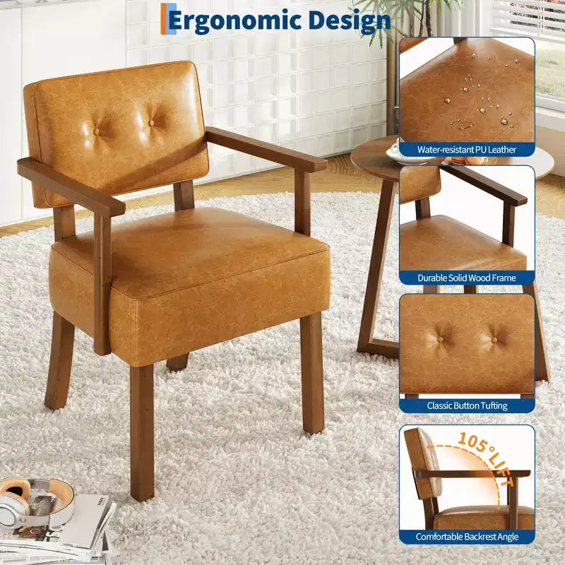 Fauteuil d'appoint en similicuir, fauteuil rembourré Mid-century avec cadre en bois, chaise de lecture et de détente pour salon, chambre à coucher