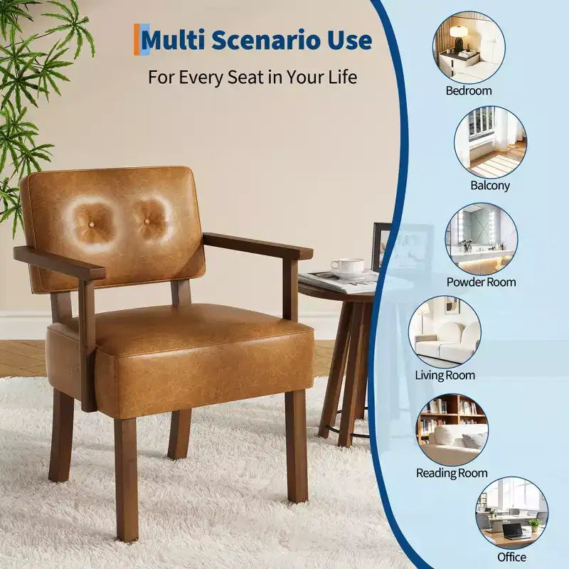 Fauteuil d'appoint en similicuir, fauteuil rembourré Mid-century avec cadre en bois, chaise de lecture et de détente pour salon, chambre à coucher