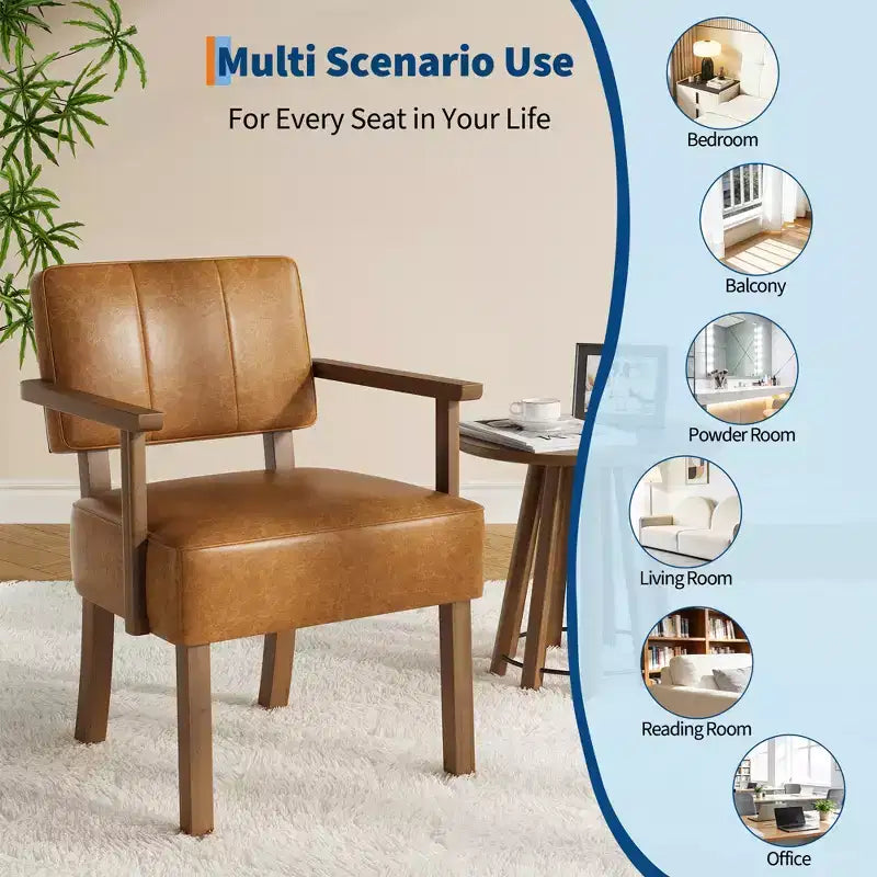 Fauteuil d'appoint en similicuir, fauteuil rembourré Mid-century avec cadre en bois, chaise de lecture et de détente pour salon, chambre à coucher