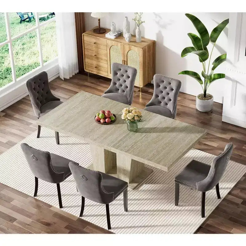 Table à manger extensible rectangulaire 63-79, motif veiné effet travertin, design minimaliste moderne pour cuisine et salon