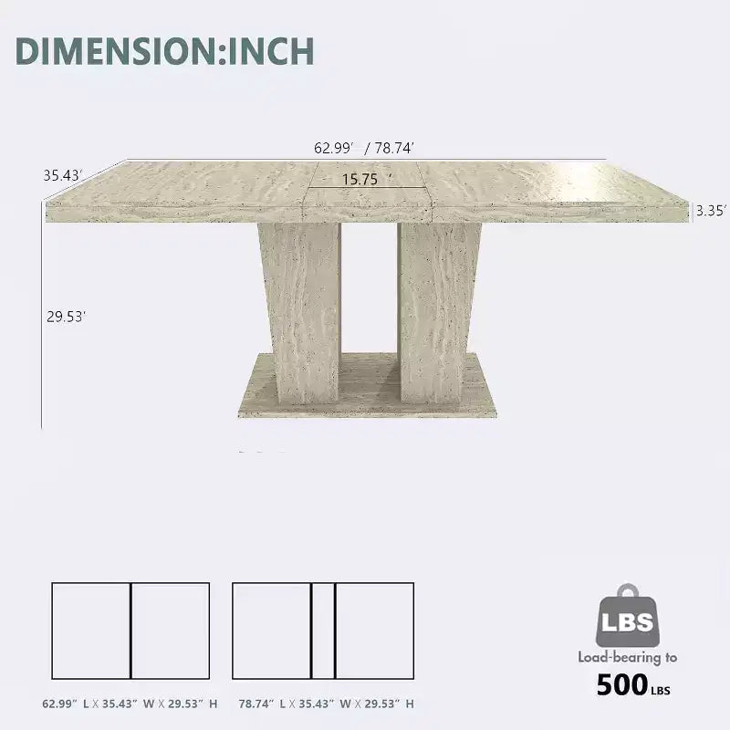 Table à manger extensible rectangulaire 63-79, motif veiné effet travertin, design minimaliste moderne pour cuisine et salon