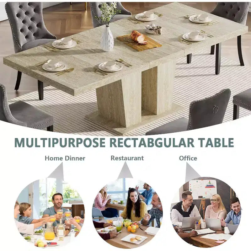 Table à manger extensible rectangulaire 63-79, motif veiné effet travertin, design minimaliste moderne pour cuisine et salon