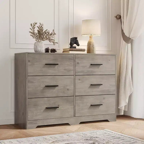 6 Drawer Double Dresser for Bedroom, Modern Wood Chest of Drawers with Metal Handles, Wide Storage Cabinet for Living Room Home Office