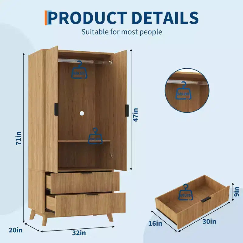 Armoire de rangement avec tiroirs 71", meuble de chambre en bois moderne avec étagères réglables et tringle de suspension