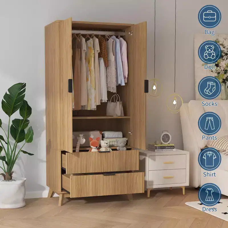 Armoire de rangement avec tiroirs 71", meuble de chambre en bois moderne avec étagères réglables et tringle de suspension